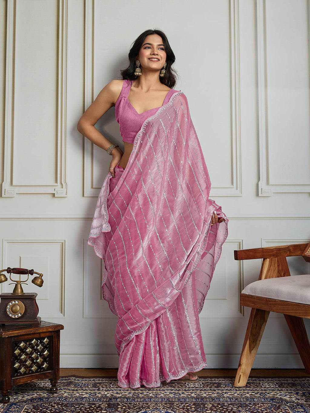 Jyoti Fashion Women's Pink Chiffon Silk Sequins Designer Saree with Blouse - Distacart