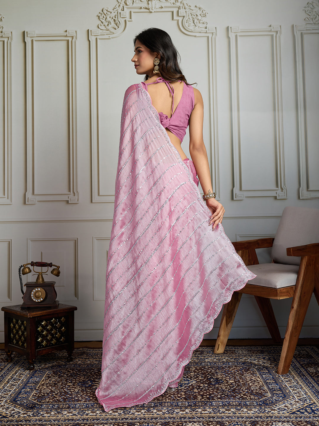 Jyoti Fashion Women's Pink Chiffon Silk Sequins Designer Saree with Blouse - Distacart