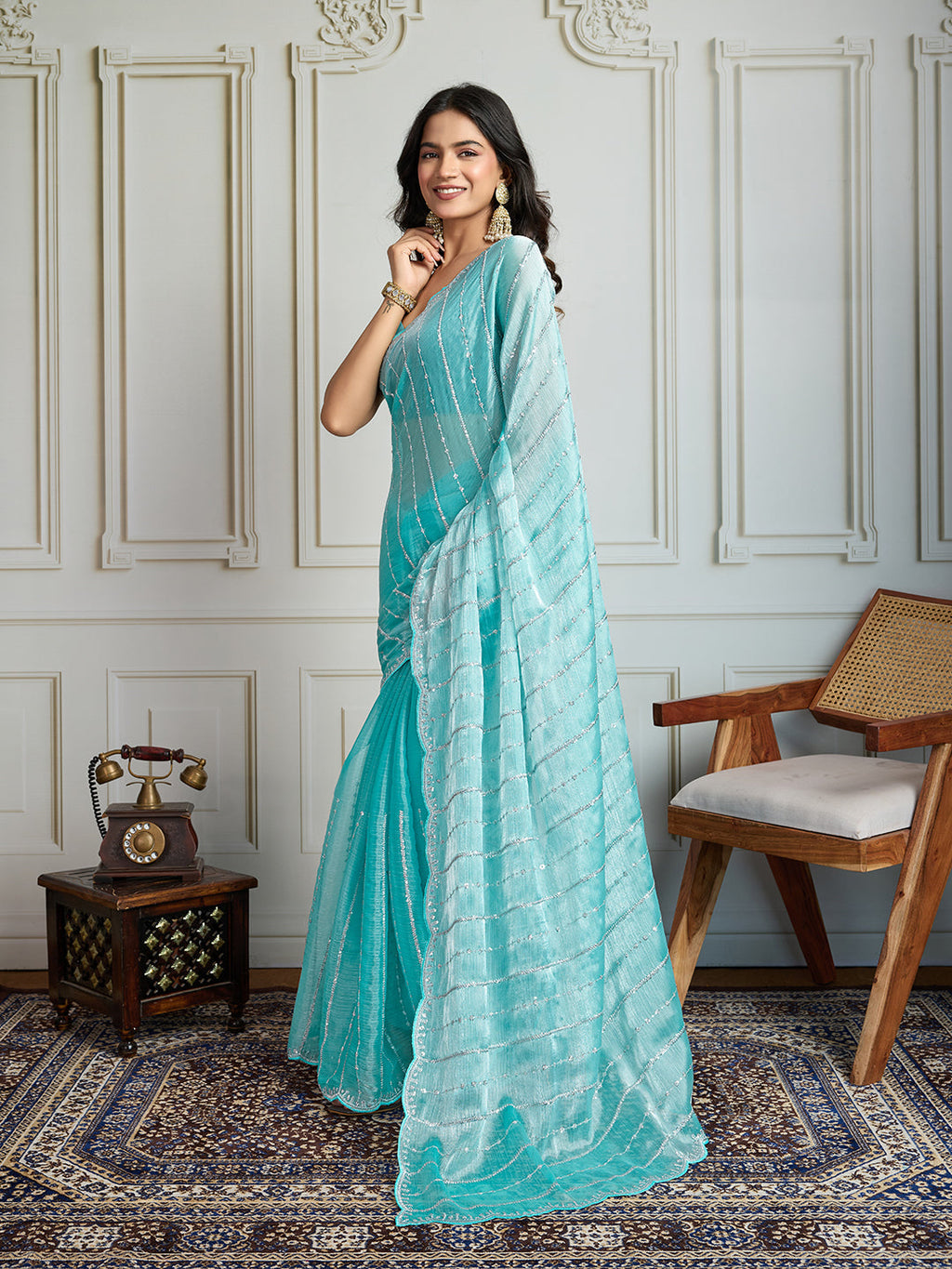 Jyoti Fashion Women's Sky Blue Chiffon Silk Sequins Designer Saree with Blouse - Distacart