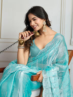 Jyoti Fashion Women's Sky Blue Chiffon Silk Sequins Designer Saree with Blouse - Distacart