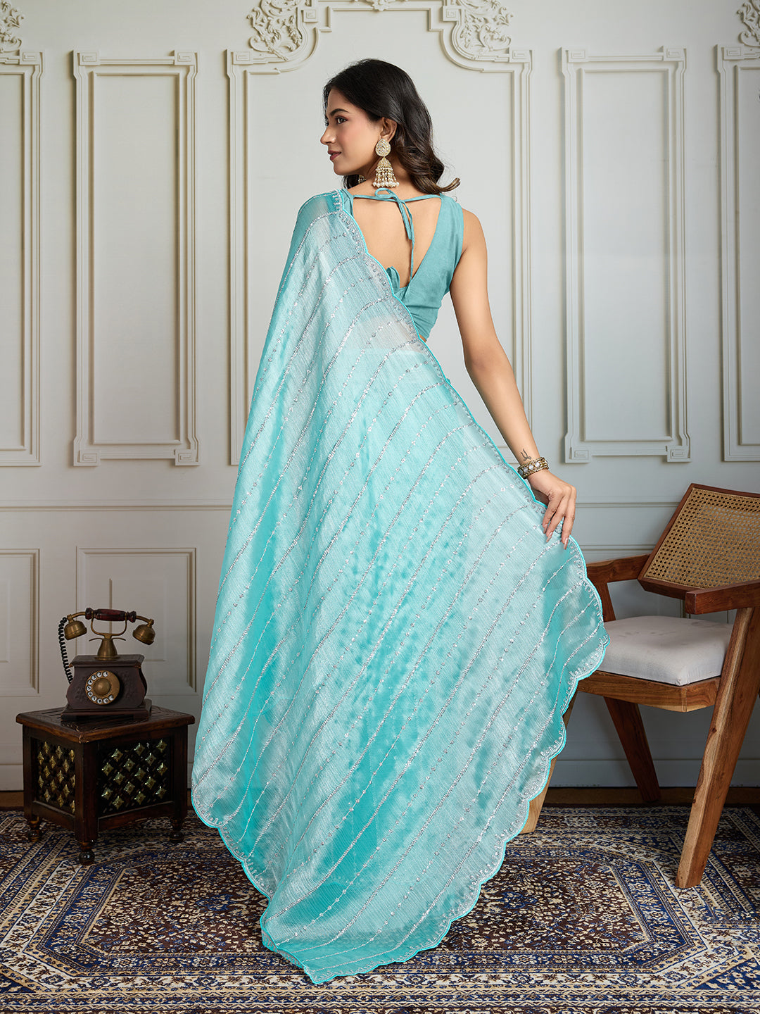 Jyoti Fashion Women's Sky Blue Chiffon Silk Sequins Designer Saree with Blouse - Distacart