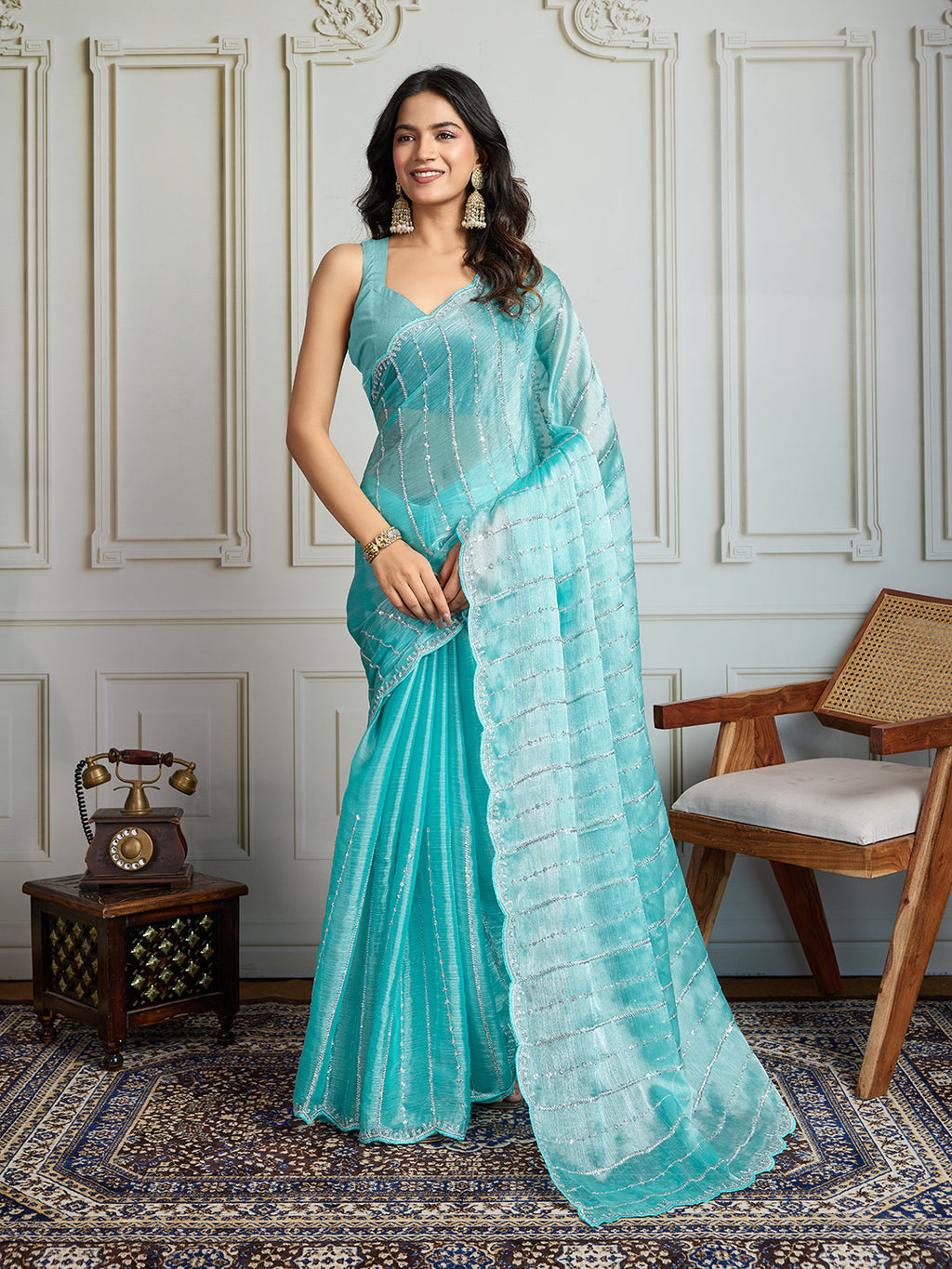 Jyoti Fashion Women's Sky Blue Chiffon Silk Sequins Designer Saree with Blouse - Distacart