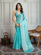 Jyoti Fashion Women's Sky Blue Chiffon Silk Sequins Designer Saree with Blouse - Distacart