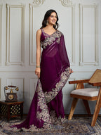 Jyoti Fashion Women's Wine Jimmy Choo Silk Embroidered Designer Saree with Blouse - Distacart