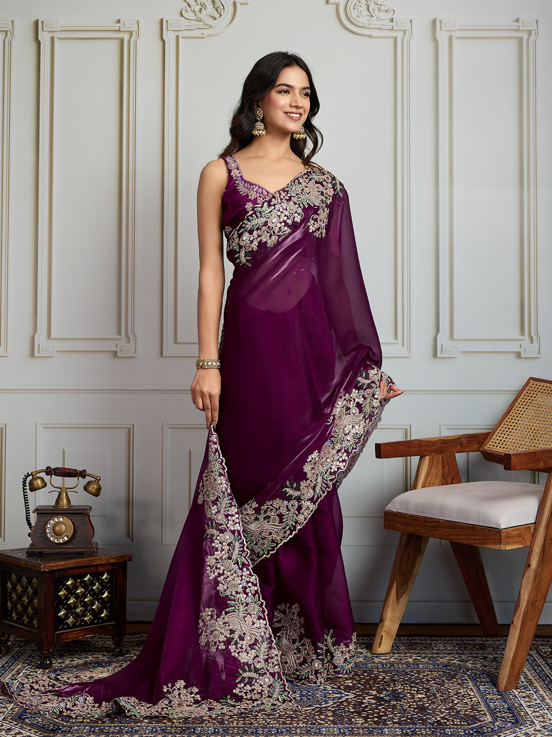 Jyoti Fashion Women's Wine Jimmy Choo Silk Embroidered Designer Saree with Blouse - Distacart
