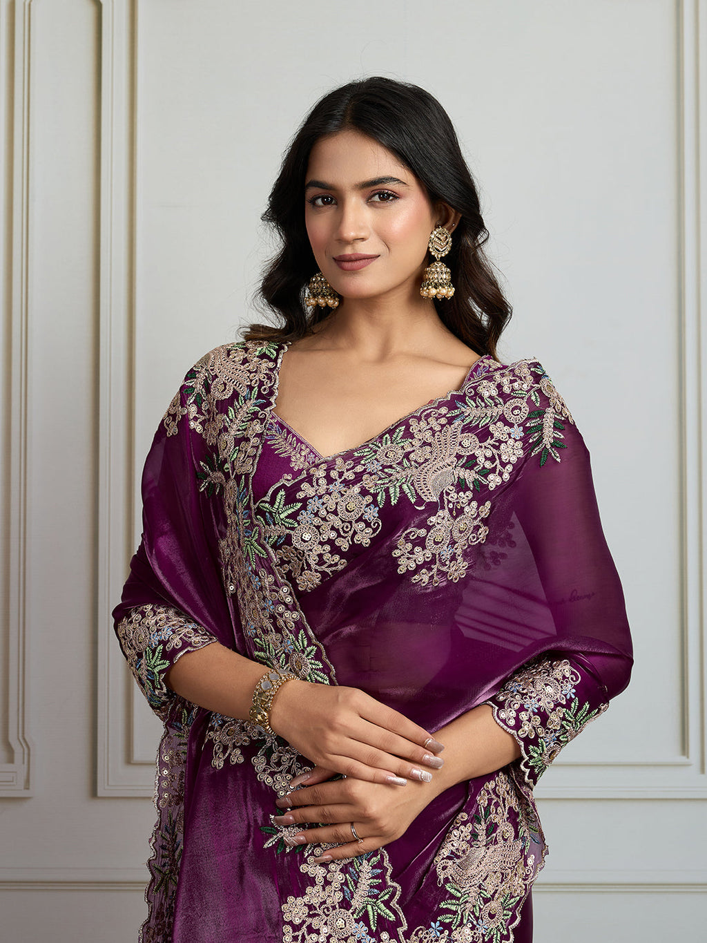 Jyoti Fashion Women's Wine Jimmy Choo Silk Embroidered Designer Saree with Blouse - Distacart