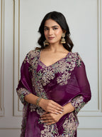 Jyoti Fashion Women's Wine Jimmy Choo Silk Embroidered Designer Saree with Blouse - Distacart