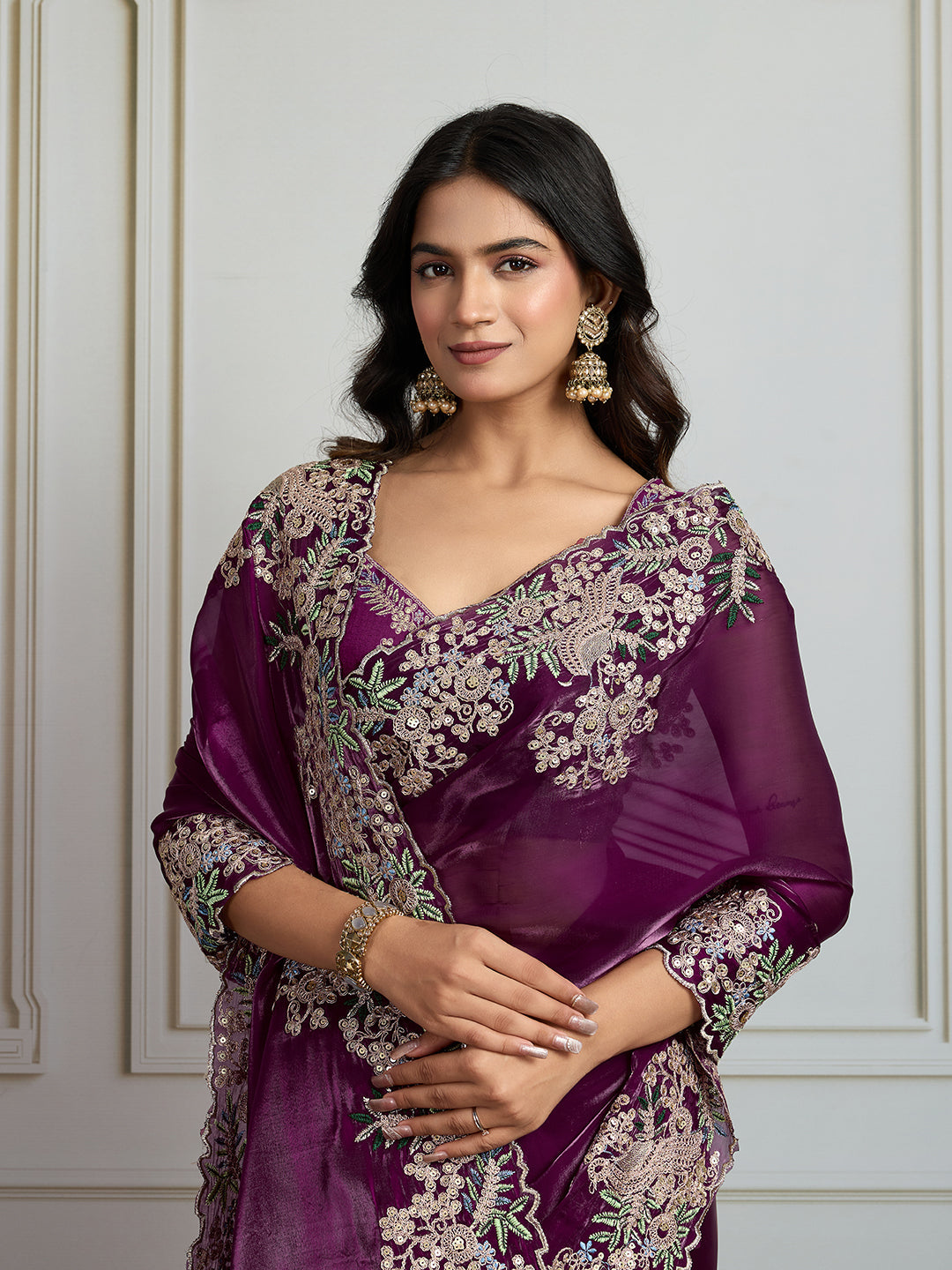 Jyoti Fashion Women's Wine Jimmy Choo Silk Embroidered Designer Saree with Blouse - Distacart