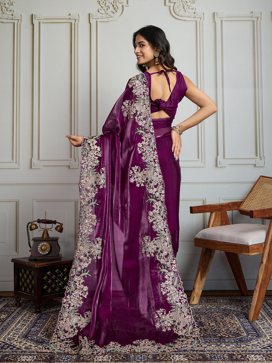 Jyoti Fashion Women's Wine Jimmy Choo Silk Embroidered Designer Saree with Blouse - Distacart