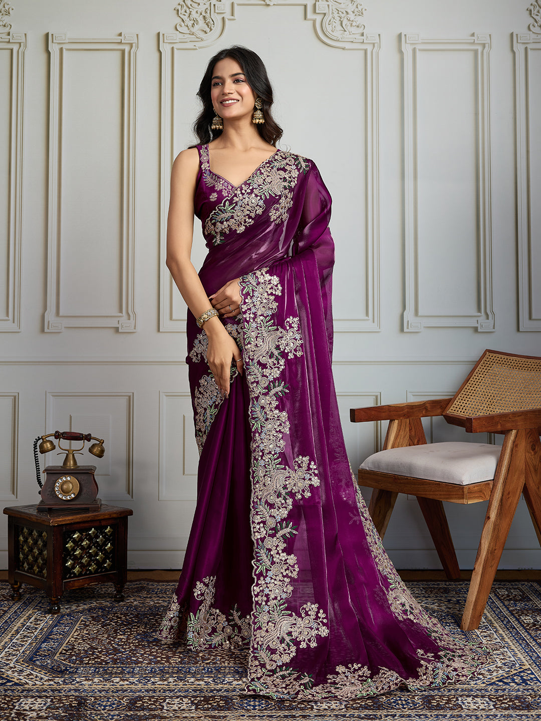 Jyoti Fashion Women's Wine Jimmy Choo Silk Embroidered Designer Saree with Blouse - Distacart