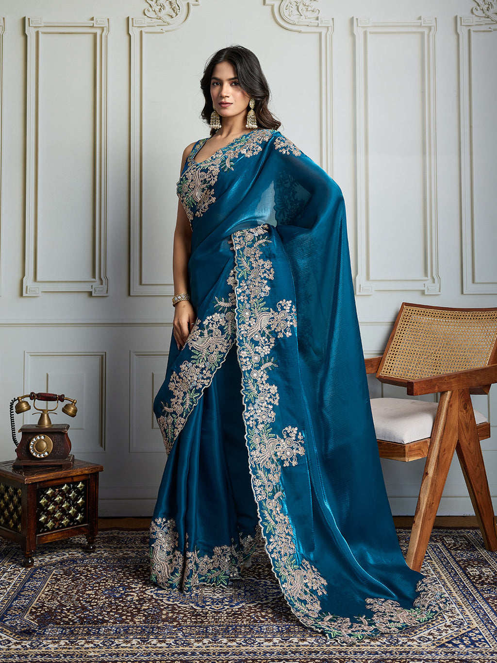 Jyoti Fashion Women's Teal Jimmy Choo Silk Embroidered Designer Saree with Blouse - Distacart