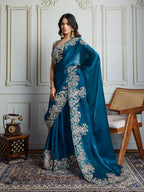 Jyoti Fashion Women's Teal Jimmy Choo Silk Embroidered Designer Saree with Blouse - Distacart