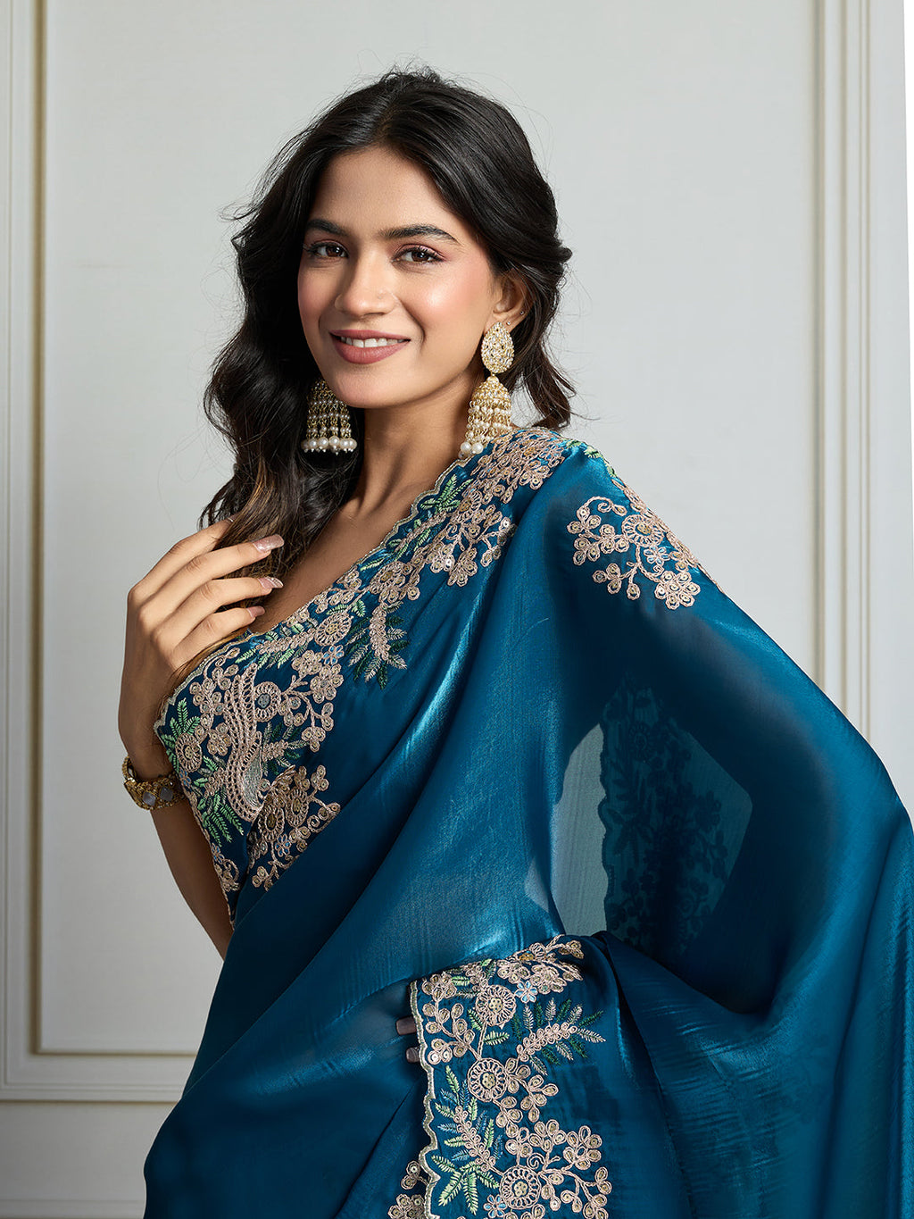 Jyoti Fashion Women's Teal Jimmy Choo Silk Embroidered Designer Saree with Blouse - Distacart