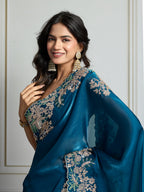 Jyoti Fashion Women's Teal Jimmy Choo Silk Embroidered Designer Saree with Blouse - Distacart