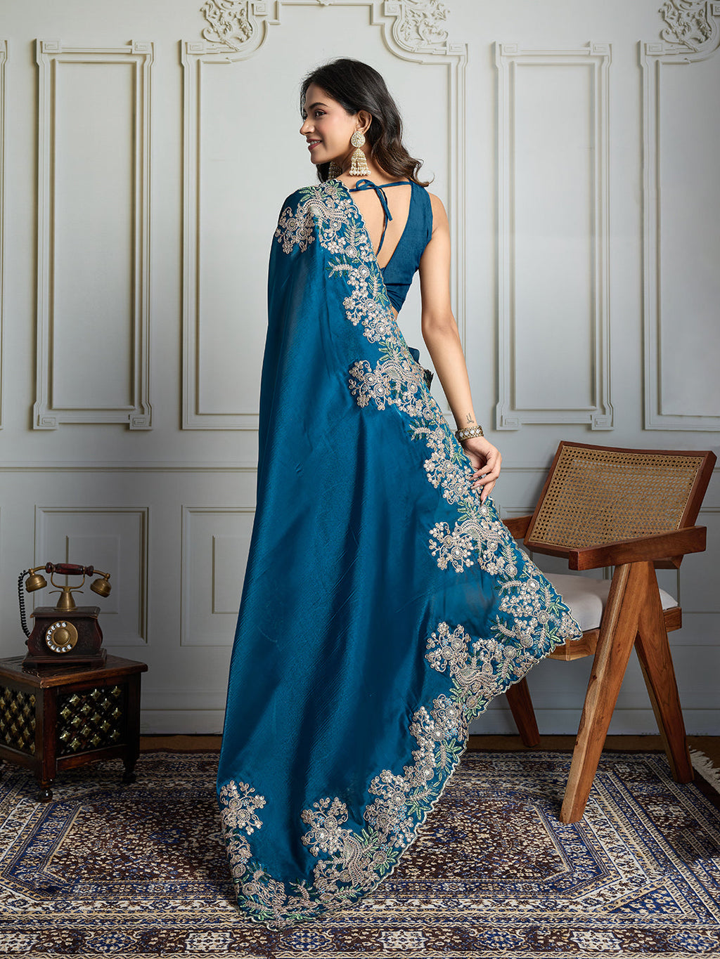 Jyoti Fashion Women's Teal Jimmy Choo Silk Embroidered Designer Saree with Blouse - Distacart