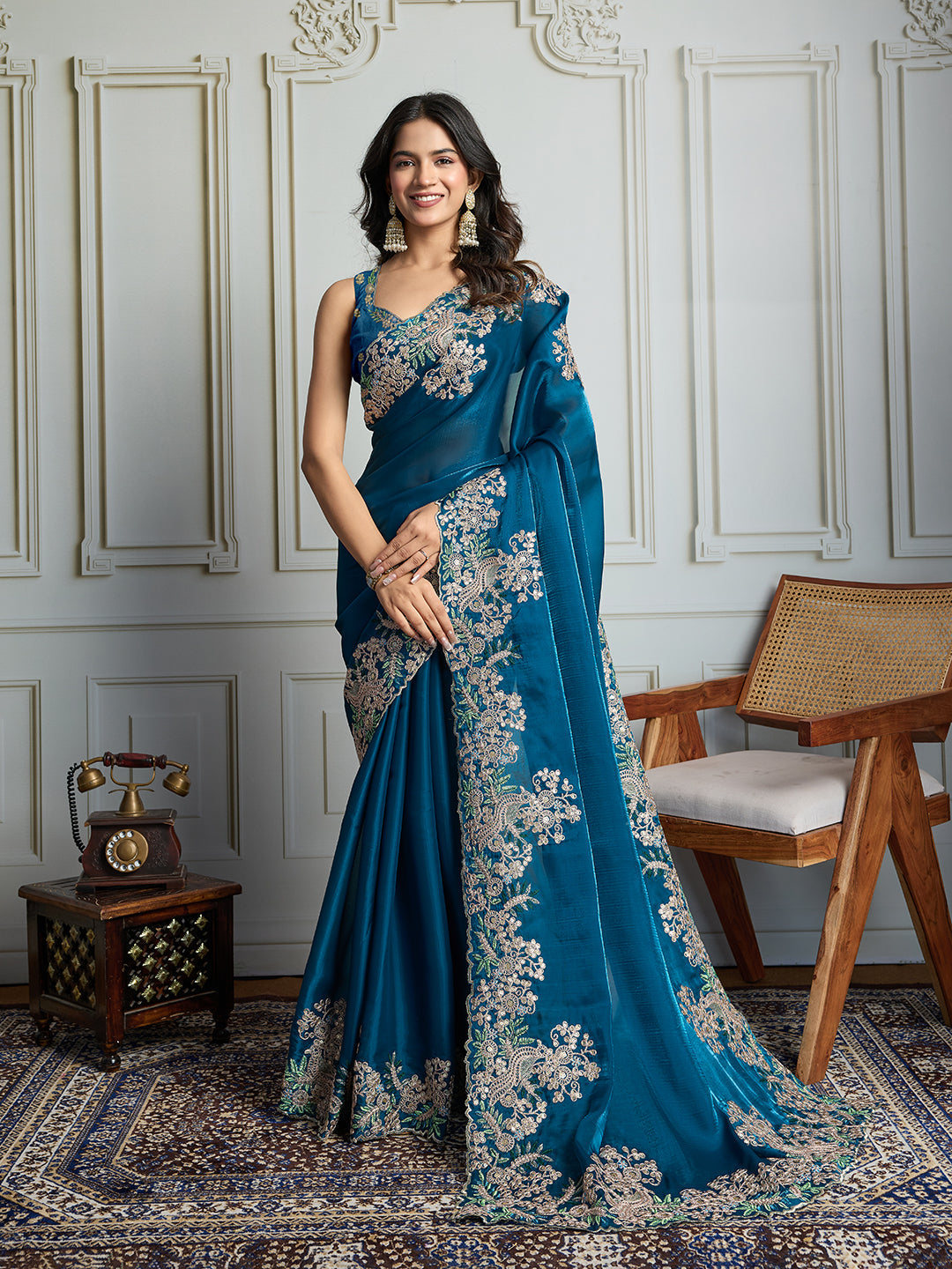 Jyoti Fashion Women's Teal Jimmy Choo Silk Embroidered Designer Saree with Blouse - Distacart