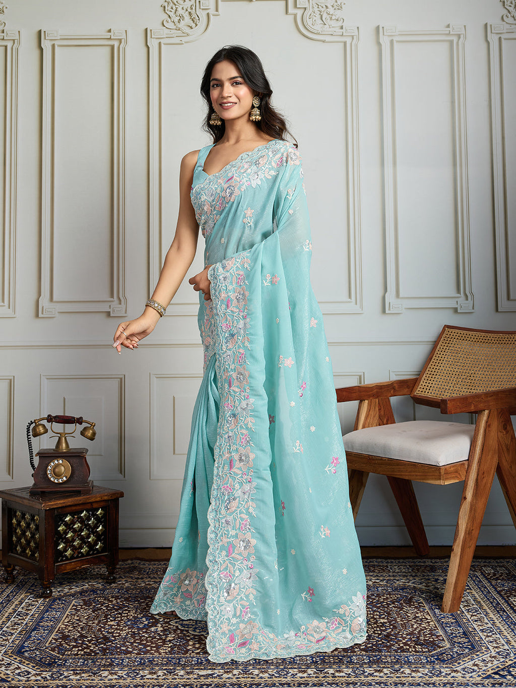 Jyoti Fashion Women's Sky Blue Semi Georgette Embroidered Designer Saree with Blouse - Distacart