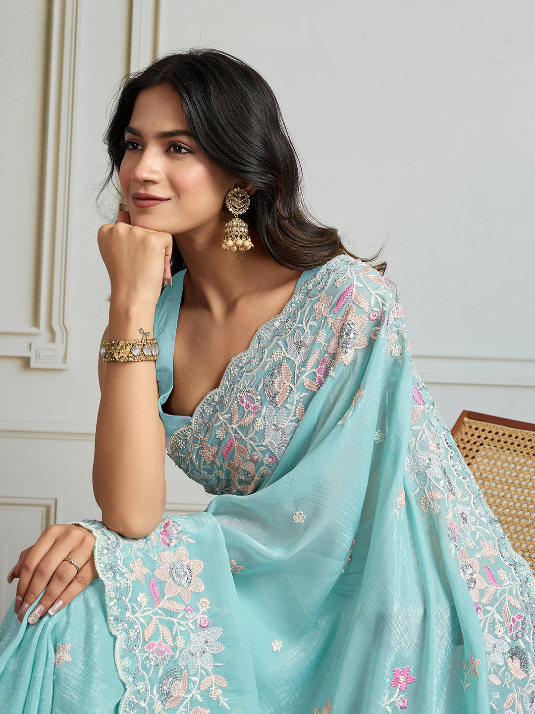 Jyoti Fashion Women's Sky Blue Semi Georgette Embroidered Designer Saree with Blouse - Distacart
