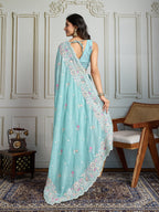 Jyoti Fashion Women's Sky Blue Semi Georgette Embroidered Designer Saree with Blouse - Distacart