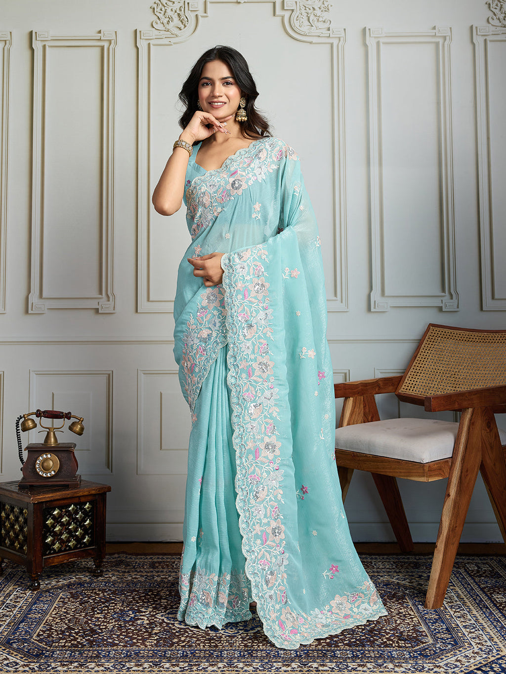 Jyoti Fashion Women's Sky Blue Semi Georgette Embroidered Designer Saree with Blouse - Distacart
