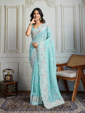 Jyoti Fashion Women's Sky Blue Semi Georgette Embroidered Designer Saree with Blouse - Distacart