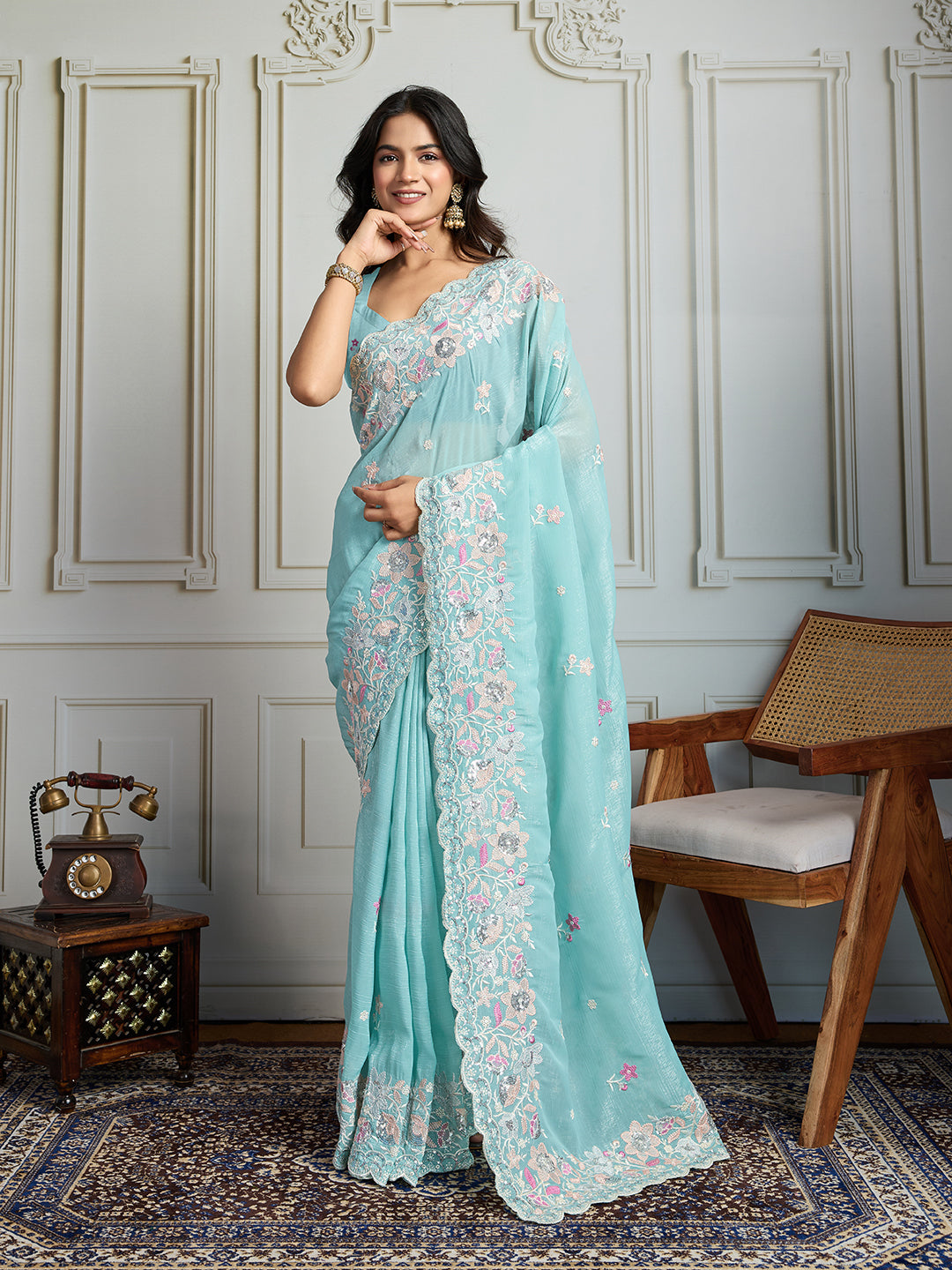 Jyoti Fashion Women's Sky Blue Semi Georgette Embroidered Designer Saree with Blouse - Distacart