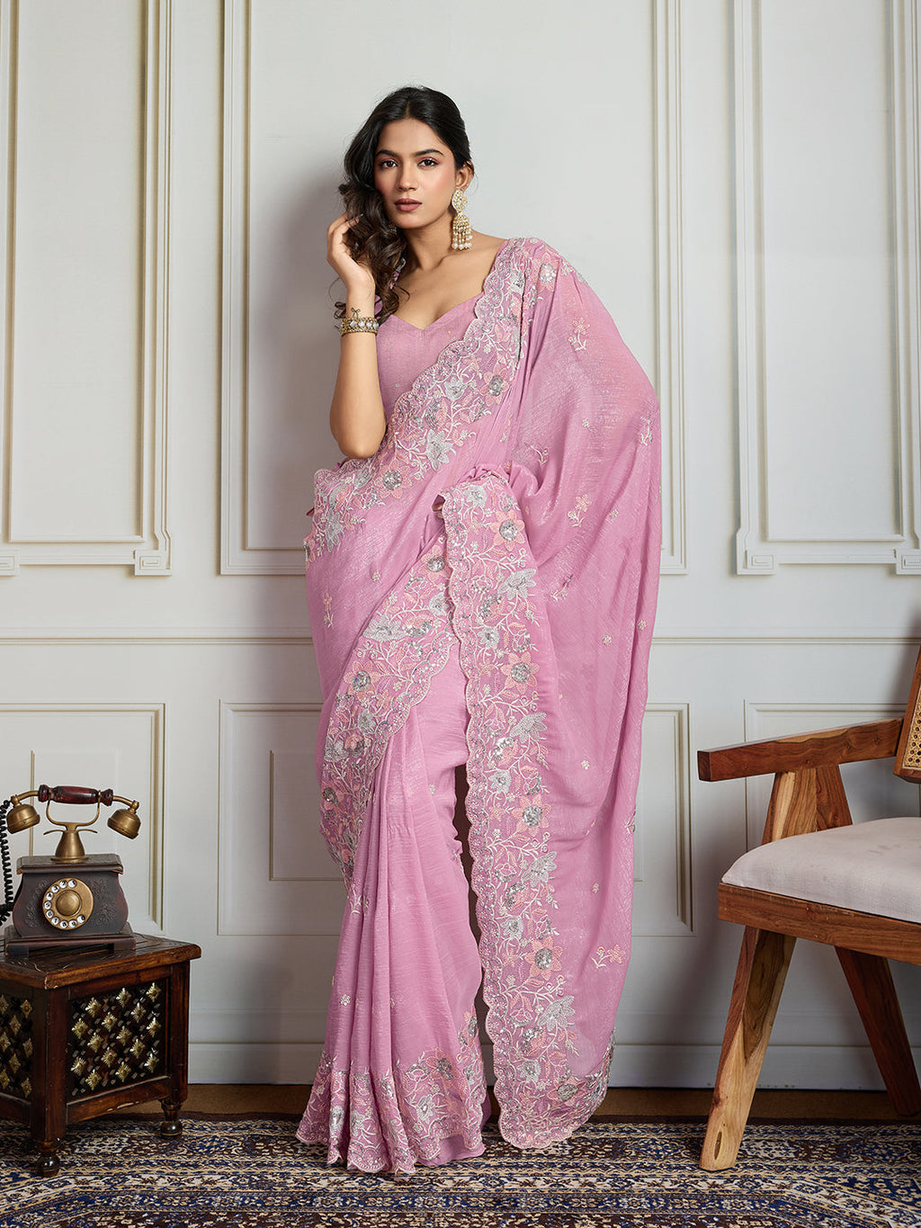 Jyoti Fashion Women's Pink Semi Georgette Embroidered Designer Saree with Blouse - Distacart