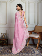 Jyoti Fashion Women's Pink Semi Georgette Embroidered Designer Saree with Blouse - Distacart