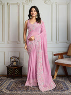 Jyoti Fashion Women's Pink Semi Georgette Embroidered Designer Saree with Blouse - Distacart
