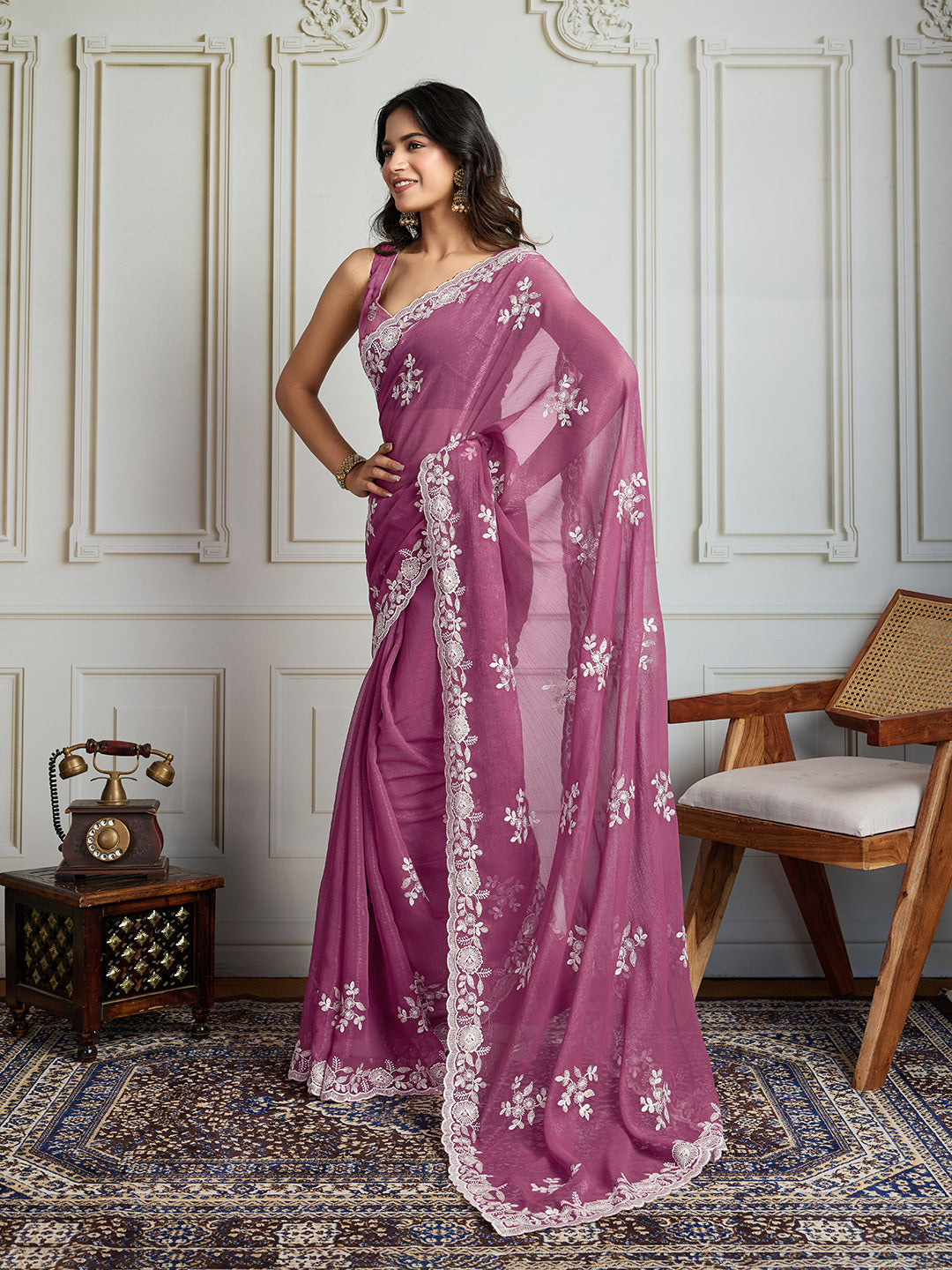 Jyoti Fashion Women's Onion Semi Georgette Embroidered Designer Saree with Blouse - Distacart