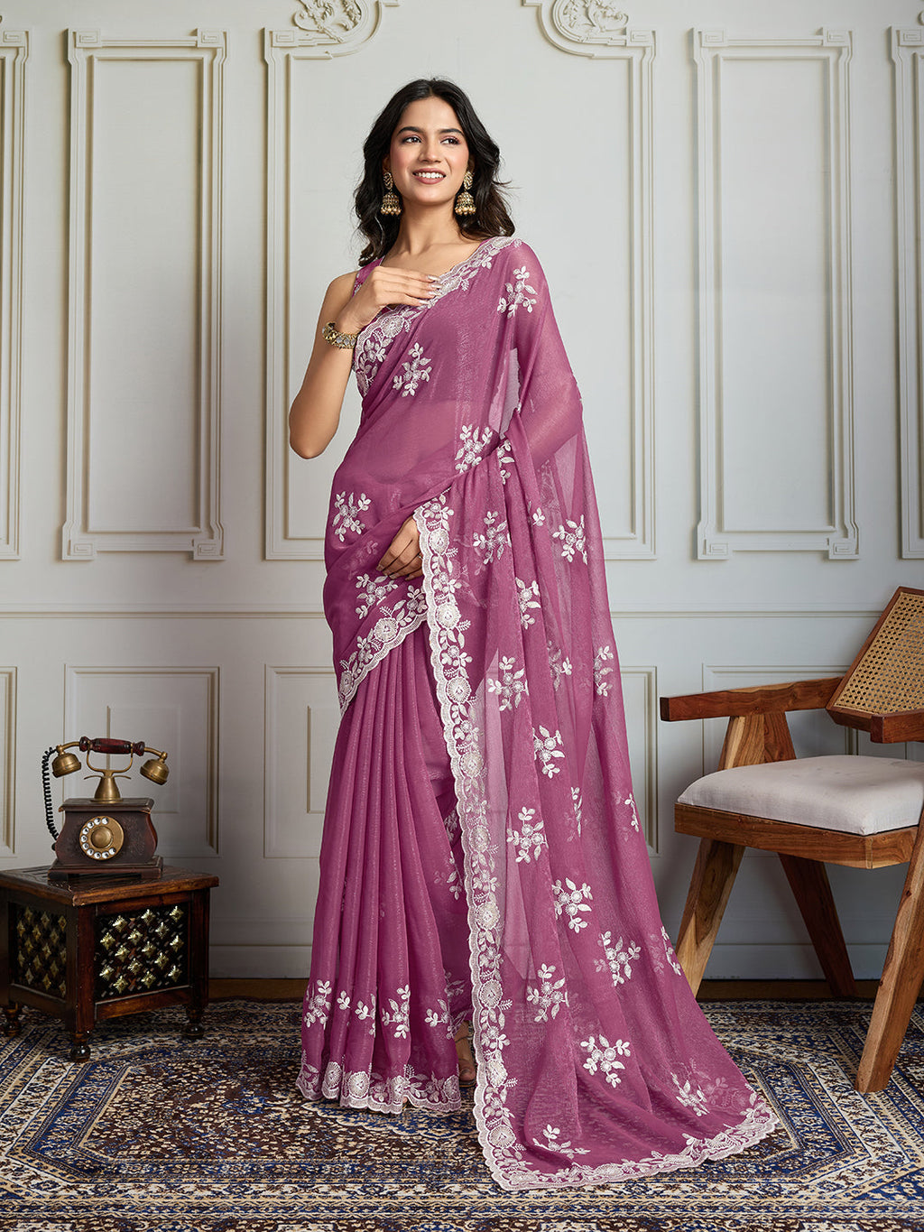 Jyoti Fashion Women's Onion Semi Georgette Embroidered Designer Saree with Blouse - Distacart