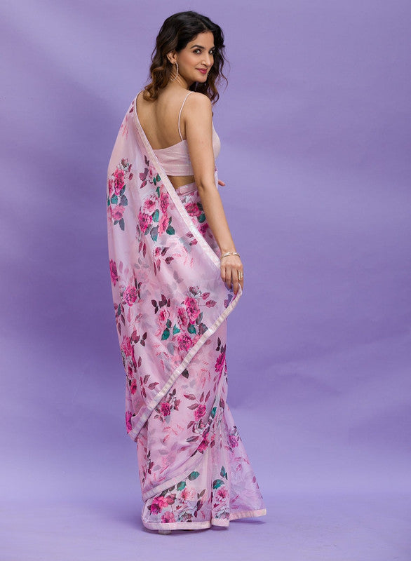 Jyoti Fashion Women's Pink Digital Print with Sequence Lace work Chinon Saree with Blouse - Distacart
