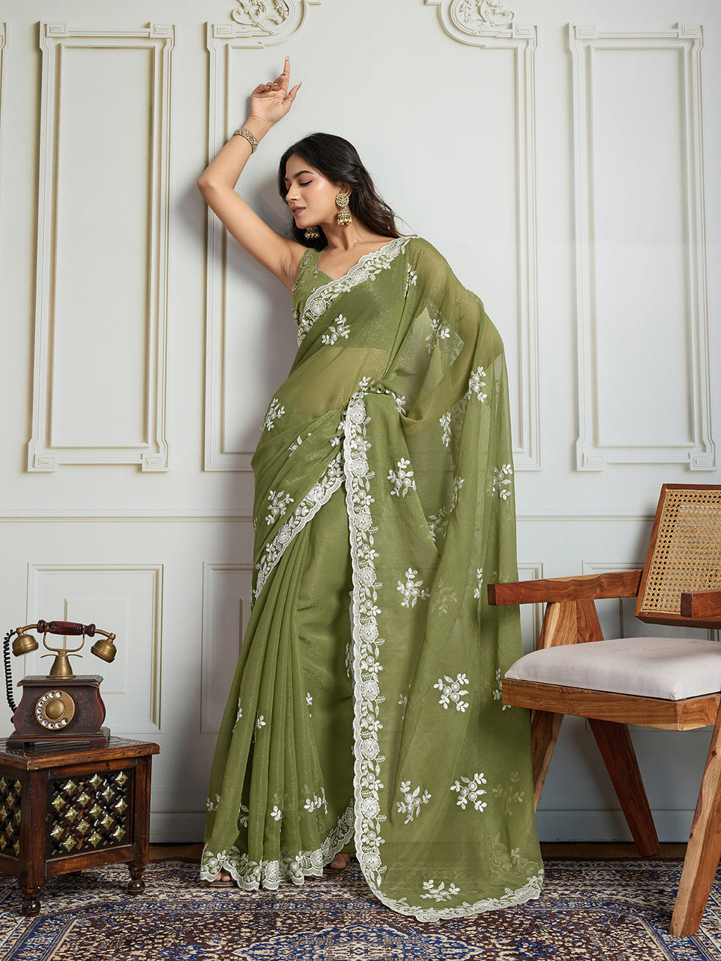 Jyoti Fashion Women's Olive Green Semi Georgette Embroidered Designer Saree with Blouse - Distacart