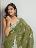 Jyoti Fashion Women's Olive Green Semi Georgette Embroidered Designer Saree with Blouse - Distacart
