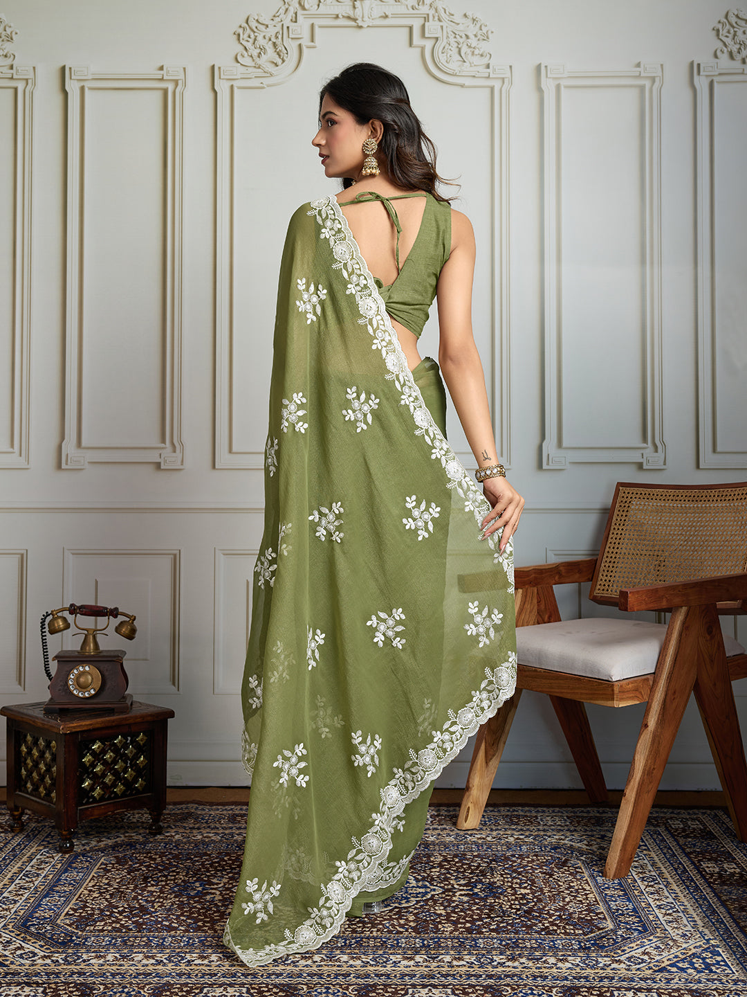 Jyoti Fashion Women's Olive Green Semi Georgette Embroidered Designer Saree with Blouse - Distacart