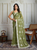 Jyoti Fashion Women's Olive Green Semi Georgette Embroidered Designer Saree with Blouse - Distacart