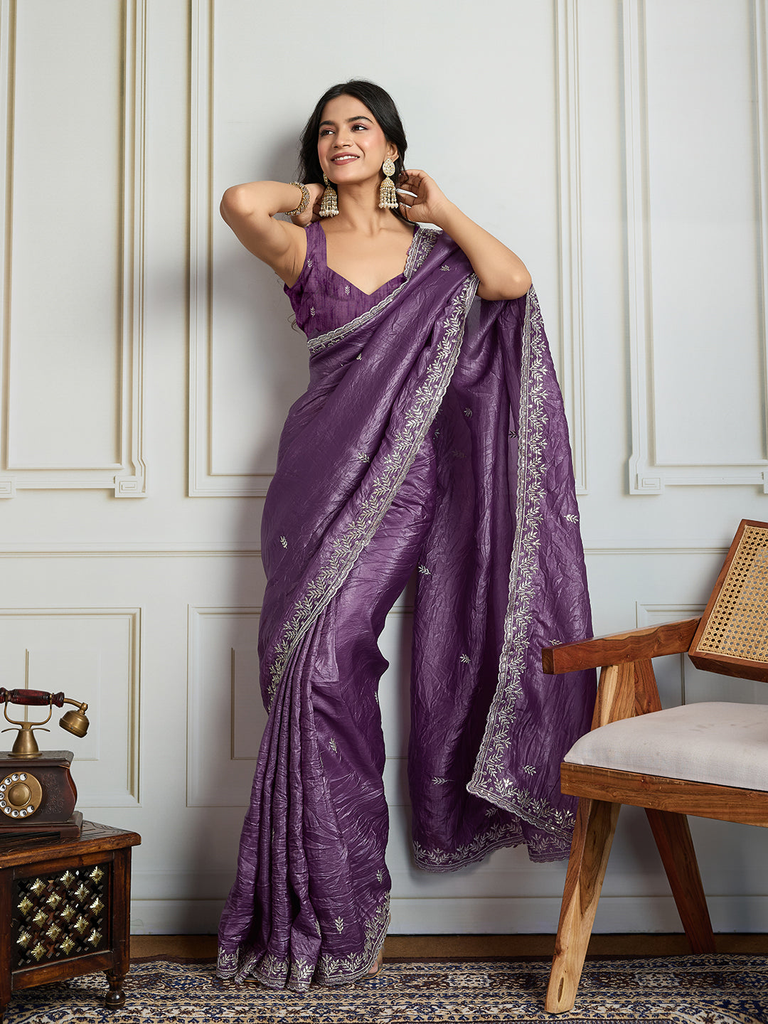 Jyoti Fashion Women's Purple Gold Crush Embroidered Designer Saree with Blouse - Distacart