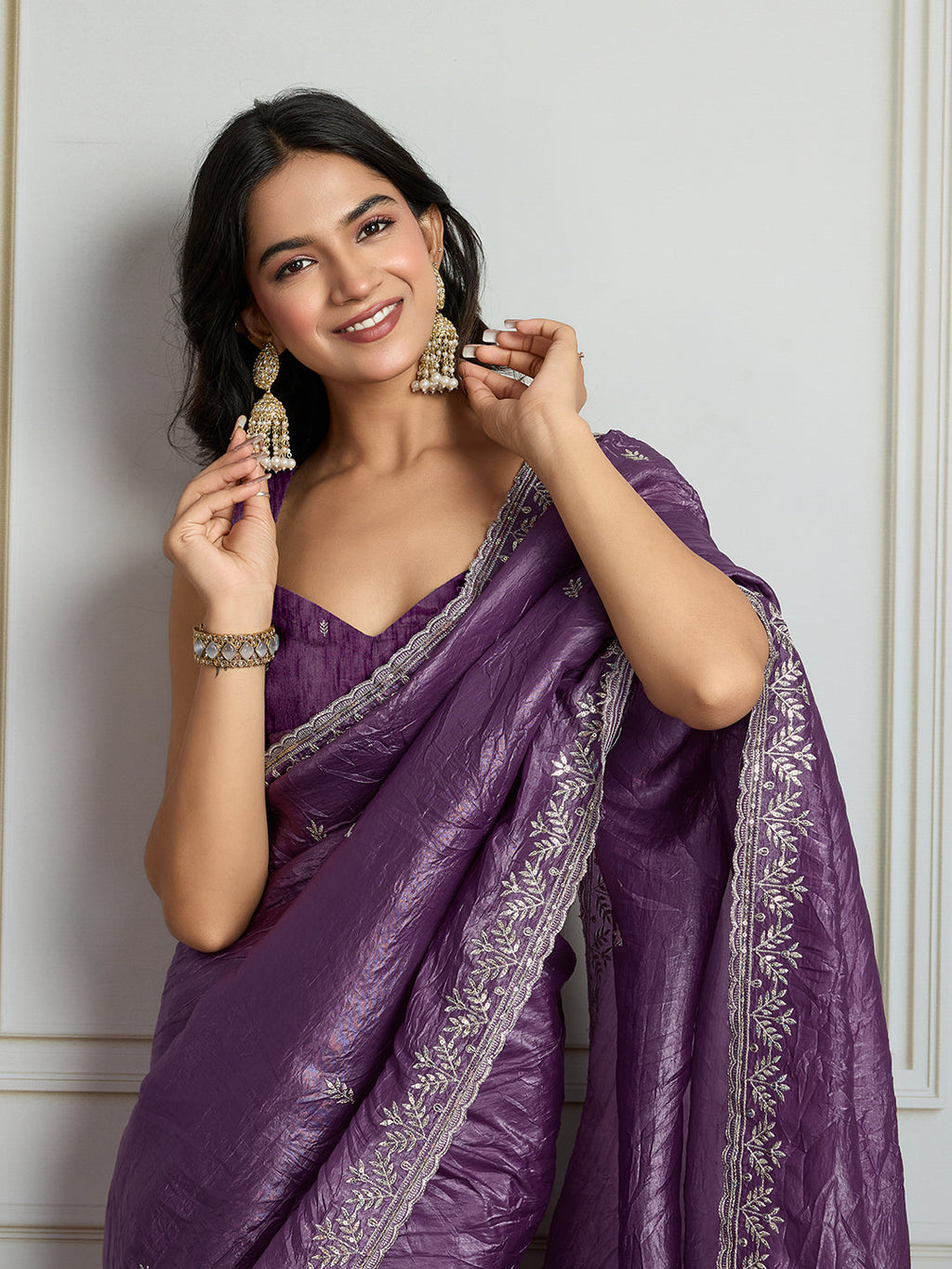 Jyoti Fashion Women's Purple Gold Crush Embroidered Designer Saree with Blouse - Distacart
