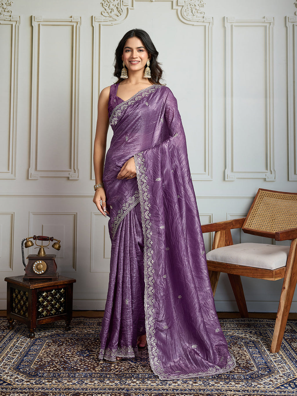 Jyoti Fashion Women's Purple Gold Crush Embroidered Designer Saree with Blouse - Distacart