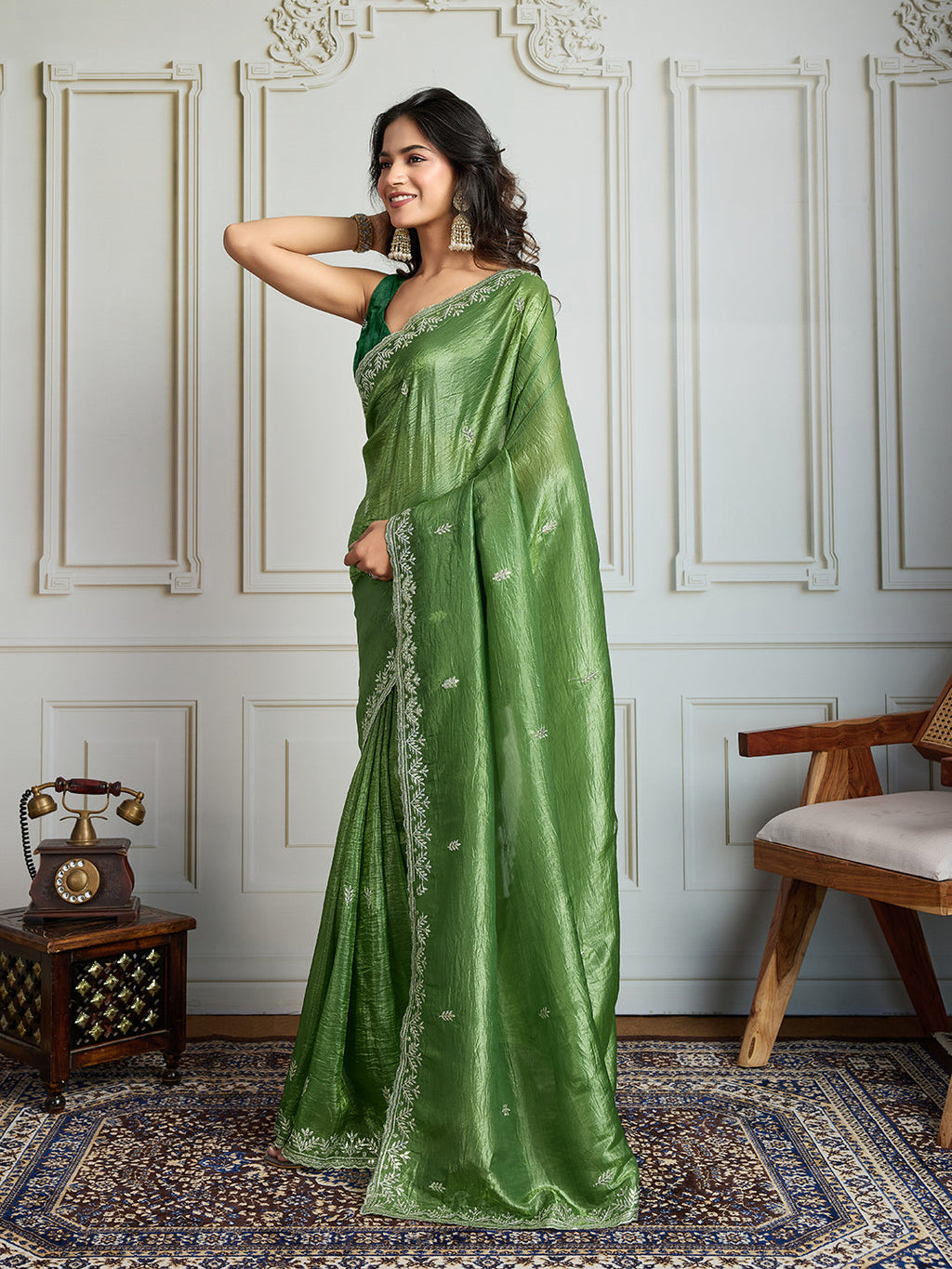 Jyoti Fashion Women's Parrot Green Gold Crush Embroidered Designer Saree with Blouse - Distacart