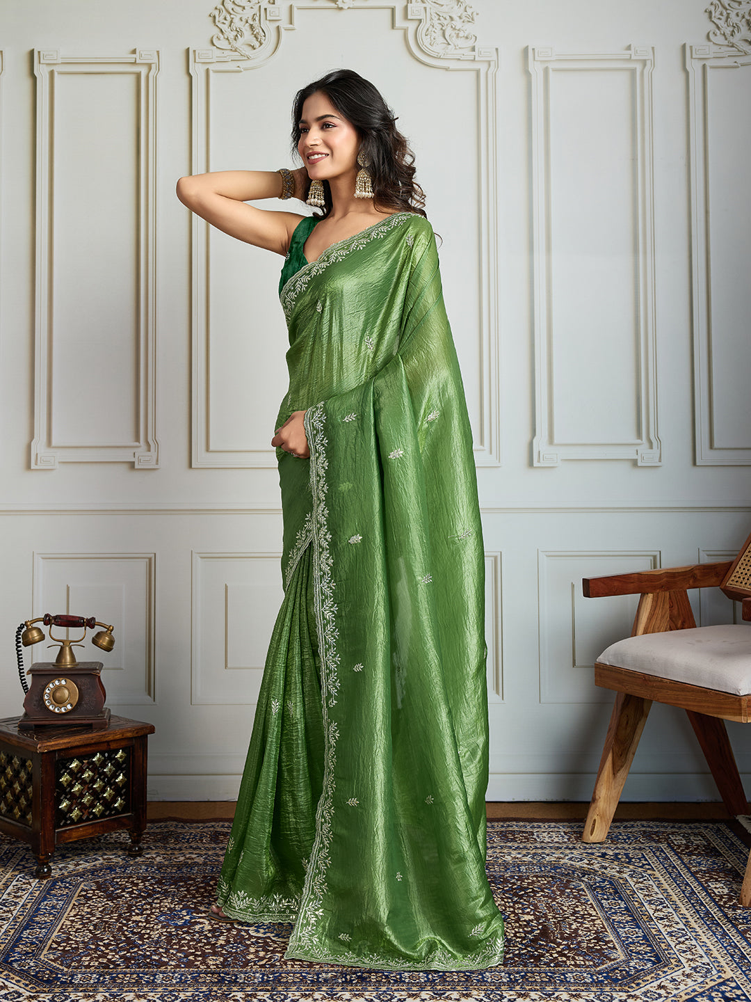 Jyoti Fashion Women's Parrot Green Gold Crush Embroidered Designer Saree with Blouse - Distacart
