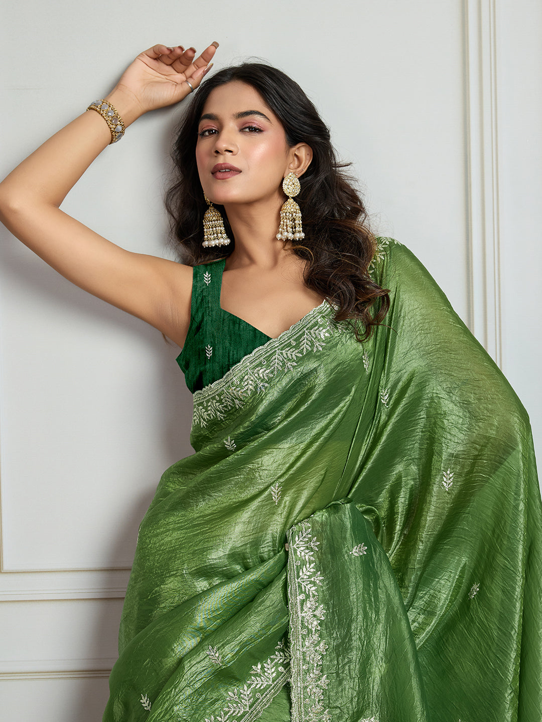 Jyoti Fashion Women's Parrot Green Gold Crush Embroidered Designer Saree with Blouse - Distacart