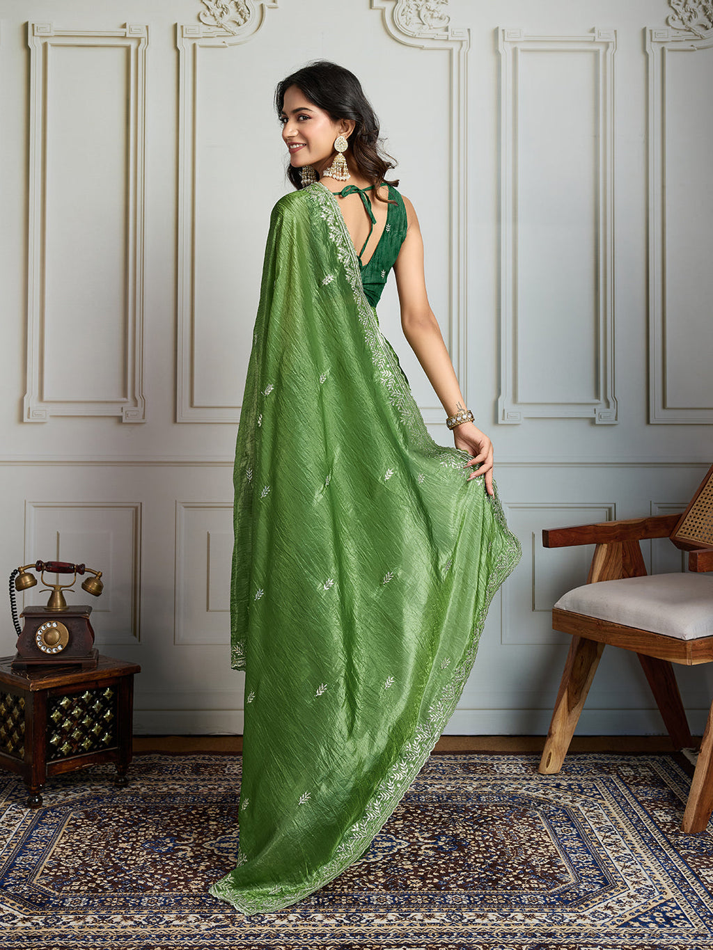 Jyoti Fashion Women's Parrot Green Gold Crush Embroidered Designer Saree with Blouse - Distacart