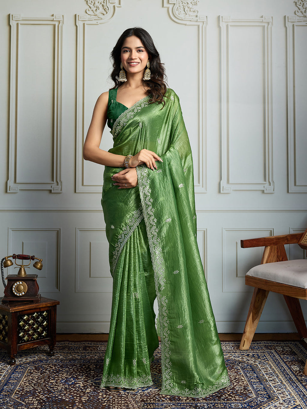 Jyoti Fashion Women's Parrot Green Gold Crush Embroidered Designer Saree with Blouse - Distacart