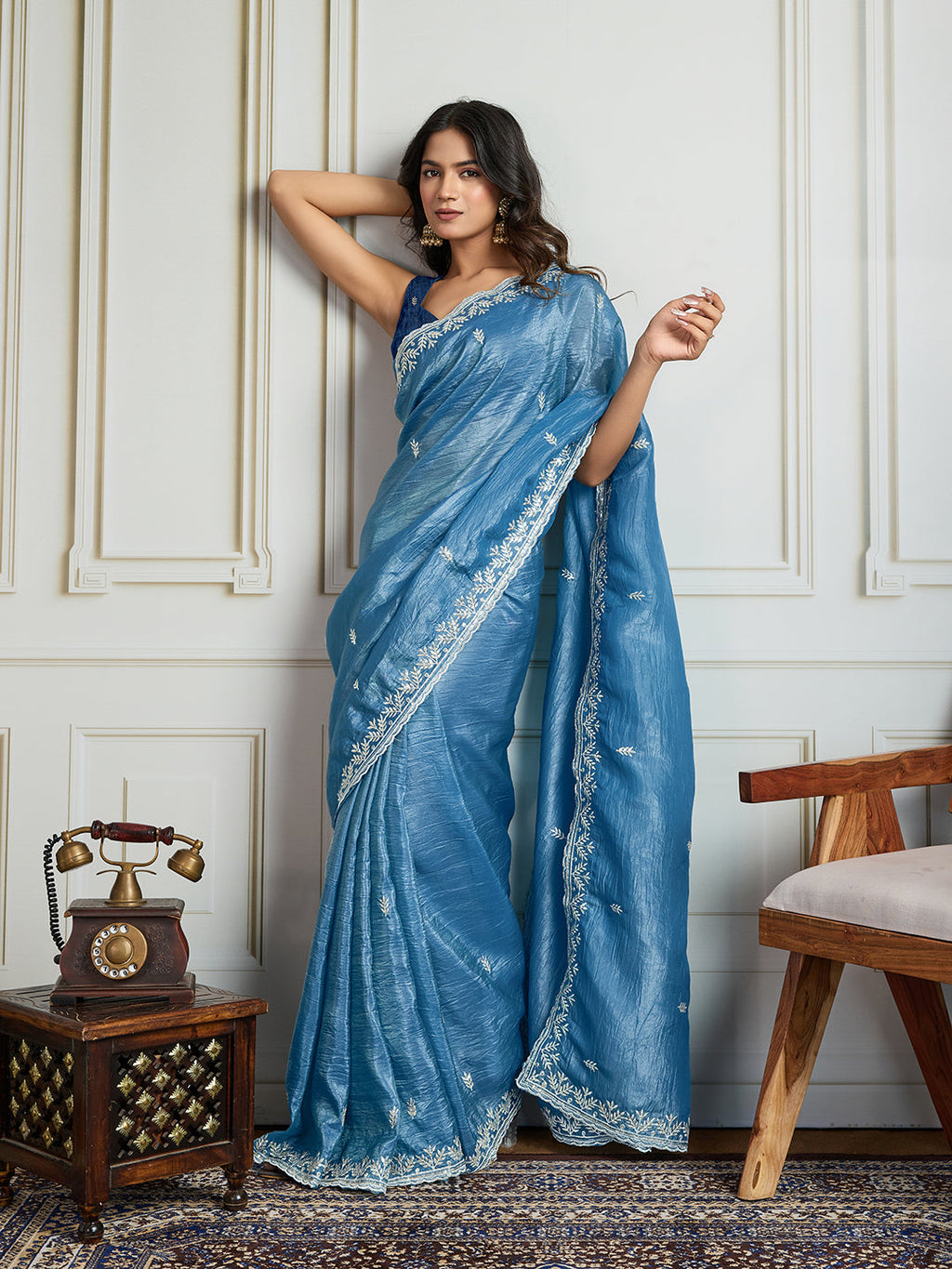 Jyoti Fashion Women's Rama Blue Gold Crush Embroidered Designer Saree with Blouse - Distacart