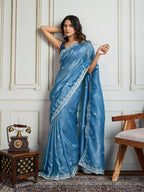 Jyoti Fashion Women's Rama Blue Gold Crush Embroidered Designer Saree with Blouse - Distacart