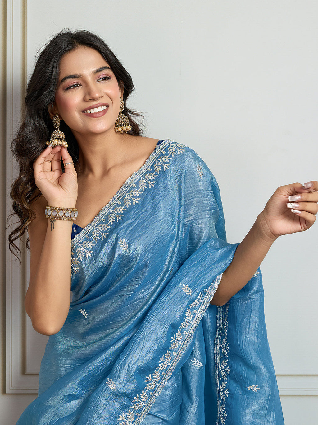 Jyoti Fashion Women's Rama Blue Gold Crush Embroidered Designer Saree with Blouse - Distacart