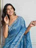 Jyoti Fashion Women's Rama Blue Gold Crush Embroidered Designer Saree with Blouse - Distacart
