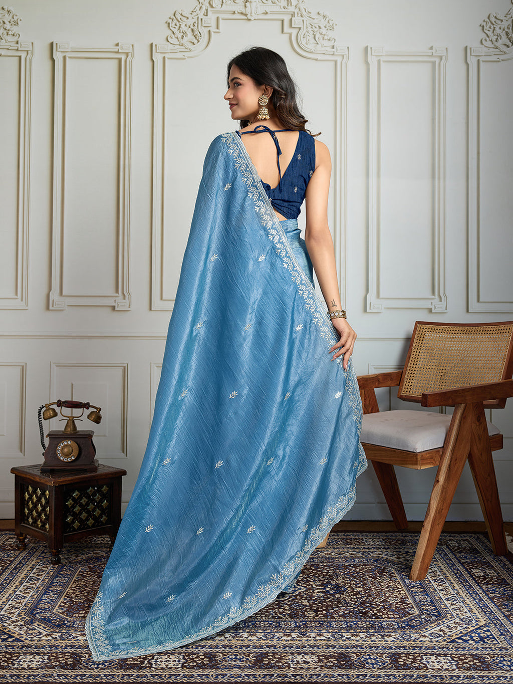 Jyoti Fashion Women's Rama Blue Gold Crush Embroidered Designer Saree with Blouse - Distacart