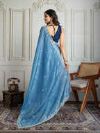 Jyoti Fashion Women's Rama Blue Gold Crush Embroidered Designer Saree with Blouse - Distacart